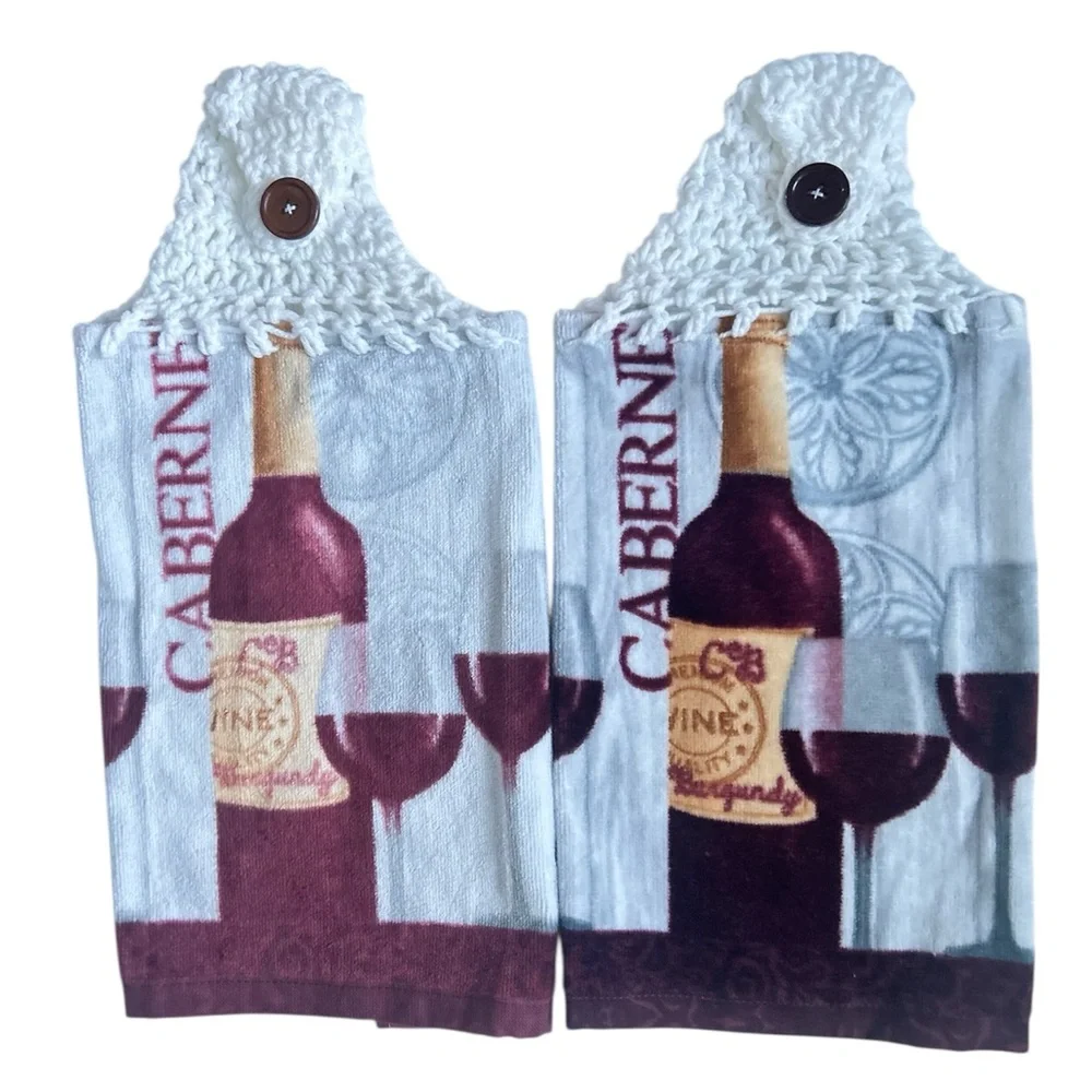 Hand Crafted Cabernet Wine Hanging  Hand Towels with Burgundy and Gray Design